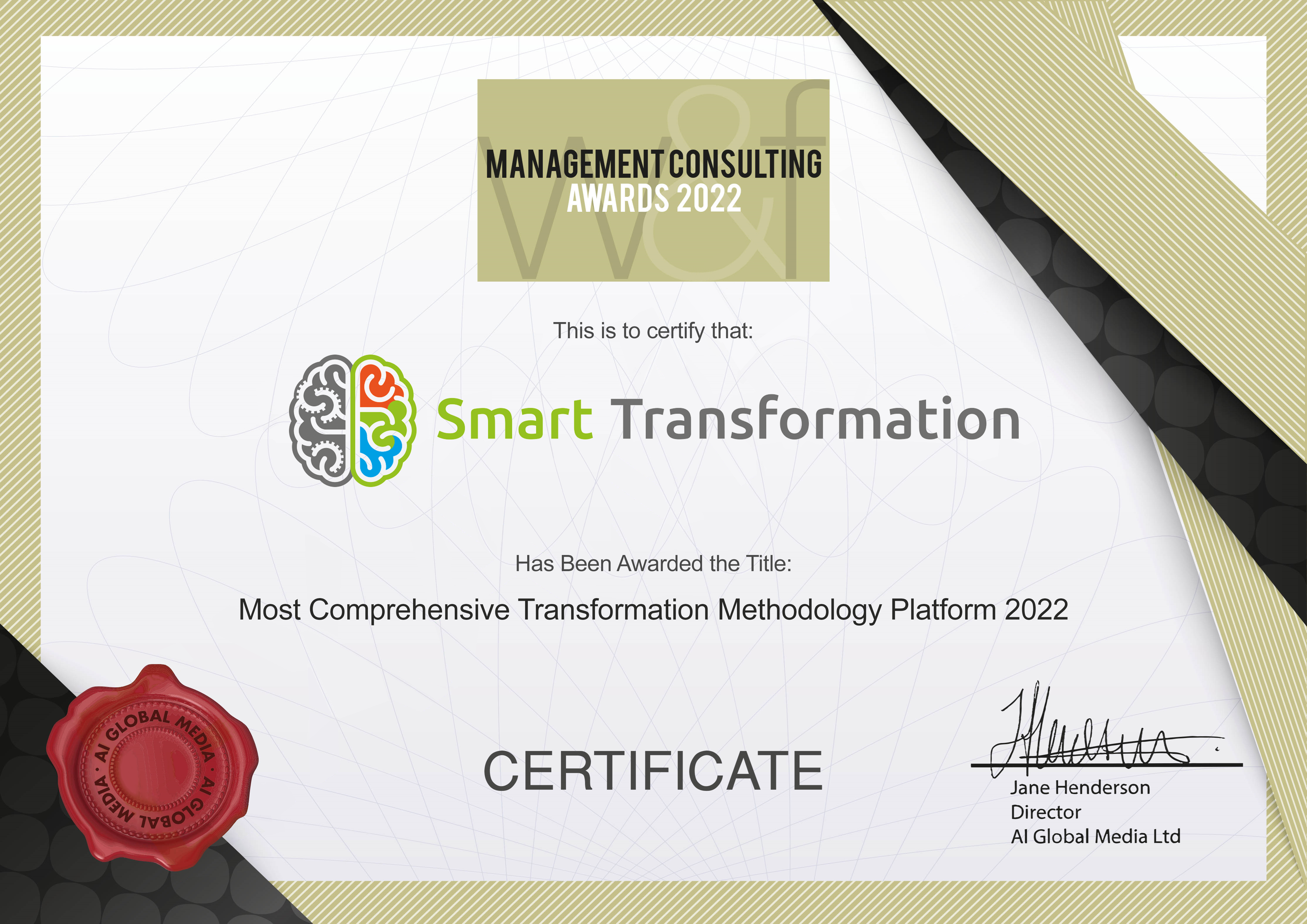 Certyfikat nagrody Management Consulting Awards 2022 dla Smart Transformation z nagrodą Most Comprehensive Transformation Methodology Platform 2022