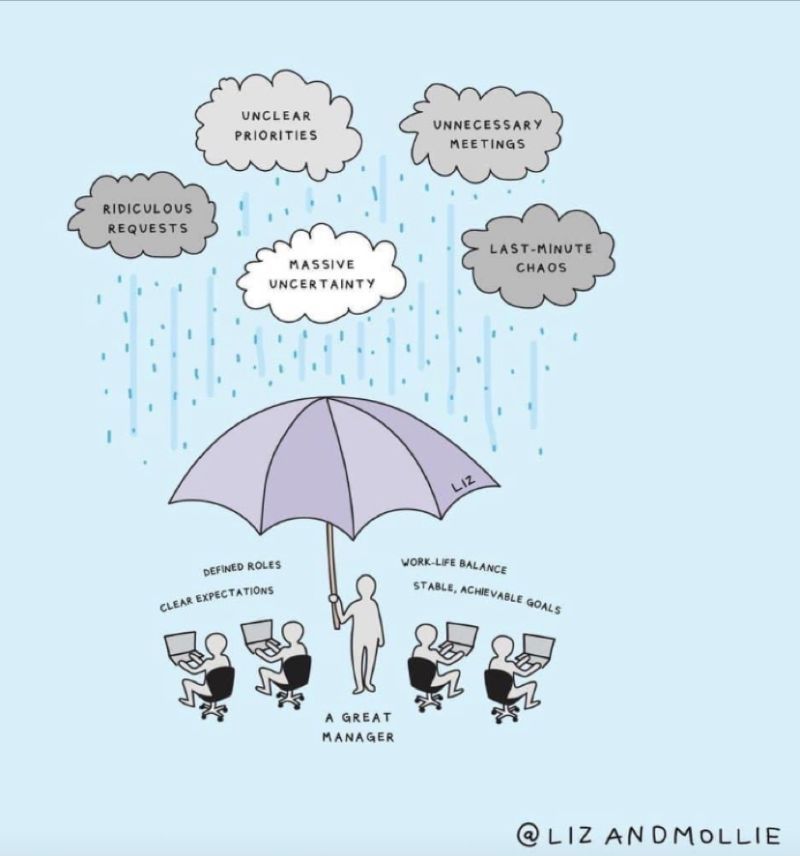 A picture showing people working on their computers under a big umbrella held by a figure subscribed 'A great manager'. Above the umbrella it is raining heavily from the clouds depicting 'unclear priorities', 'unnecessary meetings', 'ridiculous requests', 'massive uncertainty' and 'last-minute chaos'. Below the umbrella with a name Liz on it, it's dry and there 'defined roles', 'work-life balance', 'clear expectations' and 'stable, achievable goals'. Picture copyrighted Liz and Molly.
