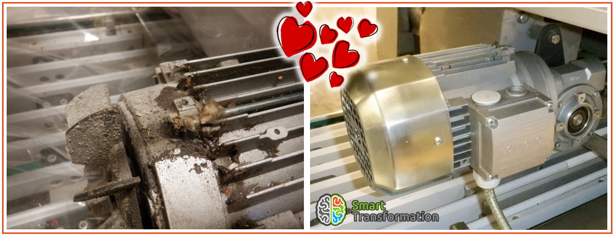 Two photos of motor on food line: left dirty with some 'goo' on it, which can fall on the product running below and right clean and shiny, not posing threat.